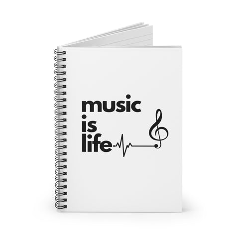 White 'Music Is Life' Spiral Notebook Journal