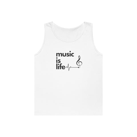 White Unisex Heavy Cotton Tank Top - 'Music is Life' Design
