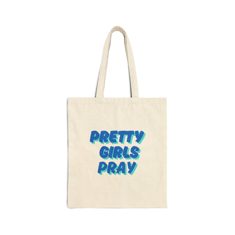 Beige & Blue 'Pretty Girls Pray' Cotton Canvas Tote Bag - Eco-Friendly
