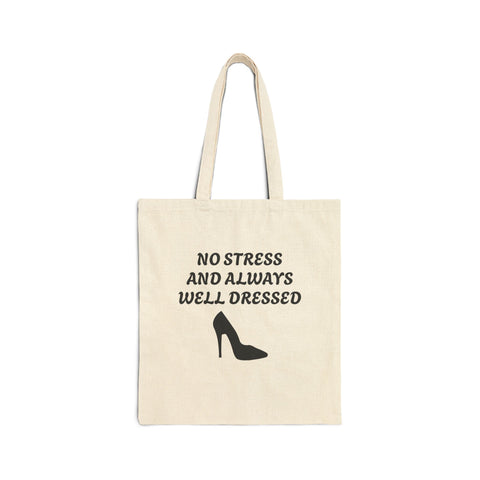 Beige with Black 'No Stress' Design Canvas Tote Bag - Eco-Friendly