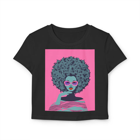 Black Stylish Women's Crop Tee with Afro Art