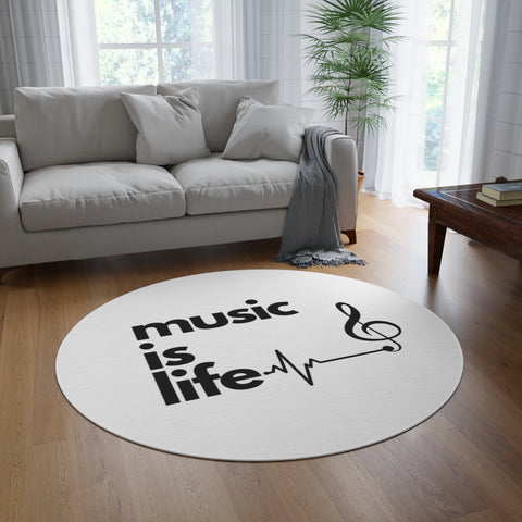 White 'Music is Life' Round Rug