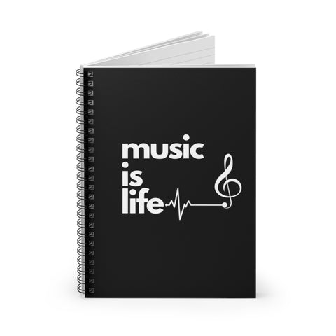 Black 'Music Is Life' Spiral Notebook Journal
