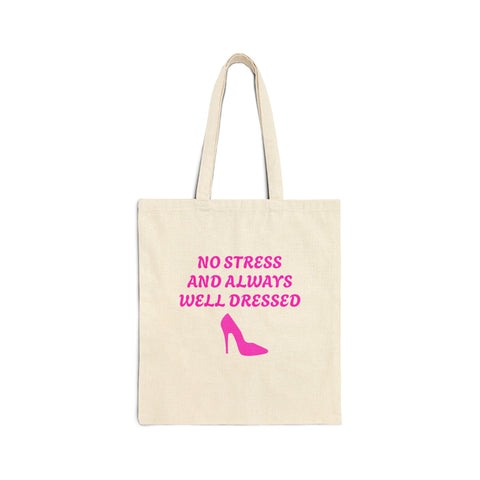 Beige with Pink 'No Stress' Design Canvas Tote Bag - Eco-Friendly
