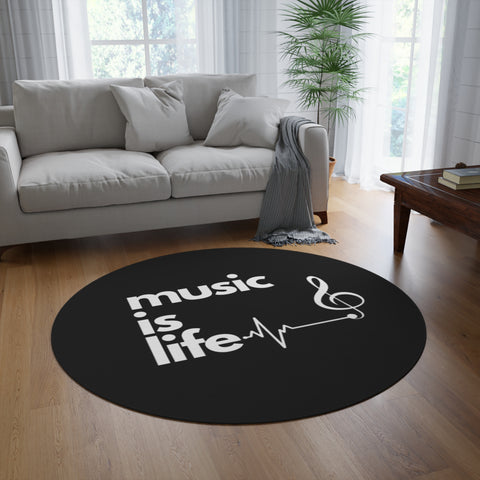 Black 'Music is Life' Round Rug
