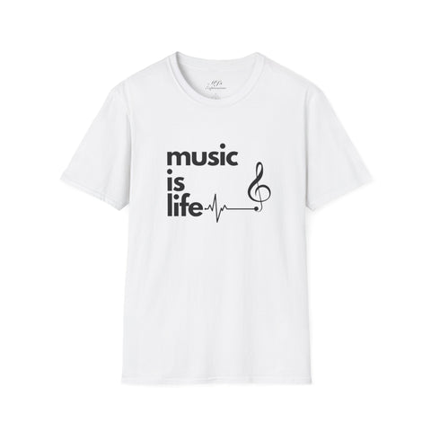 White 'Music Is Life' Unisex Softstyle Graphic T-Shirt