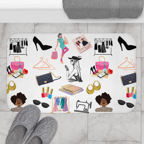 White Fashionista Printed Bath Mat - Stylish Decor for Fashion Lovers
