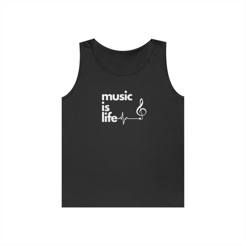 Black Unisex Heavy Cotton Tank Top - 'Music is Life' Design