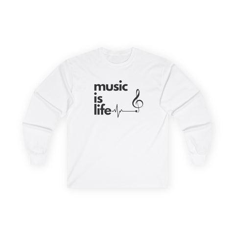 White 'Music is Life' Long Sleeve Tee - Unisex Ultra Cotton Shirt
