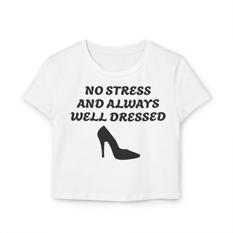 White & Black 'No Stress' Design Crop Tee