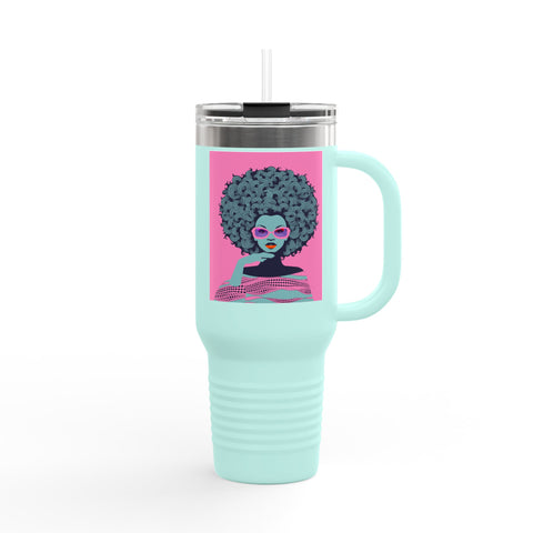 Teal Stylish Insulated Tumbler Travel Mug with Vibrant Afro Design - 40oz