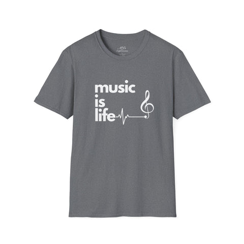 Gray & White 'Music Is Life' Unisex Softstyle Graphic T-Shirt